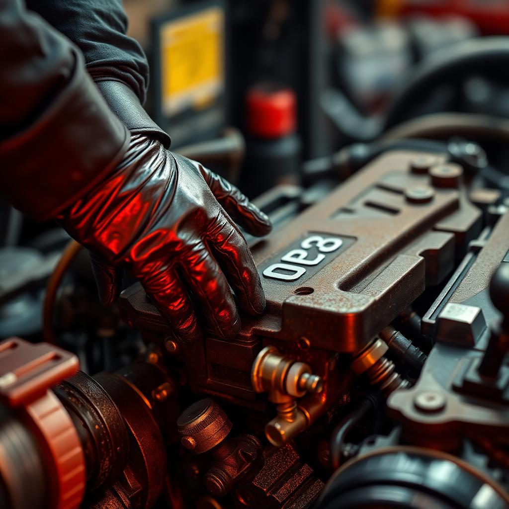 Outlaw Diesel mechanic working on a Powerstroke engine